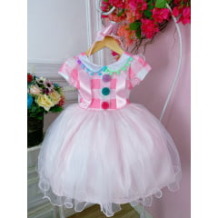 Vestido Infantil Circo Rosa Com Pompons Coloridos
