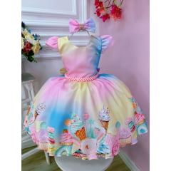 Vestido Infantil Colorido Festa dos Doces Cinto Pérolas Luxo