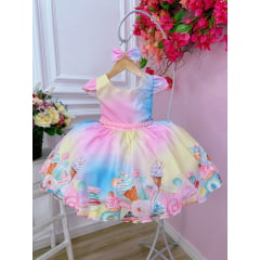 Vestido Infantil Colorido Festa dos Doces Cinto Pérolas Luxo