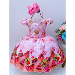 Vestido Infantil Cupcakes e Doces Colorido Corações Pérolas