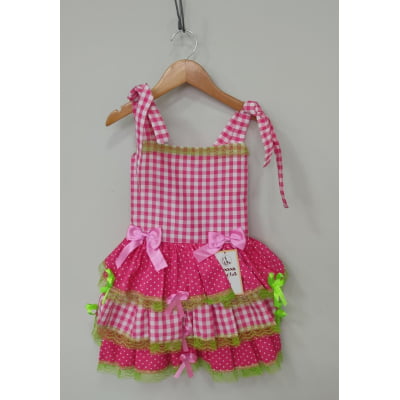 Vestido Infantil de Alça Junino Arraiá Festas Pink Xadrez