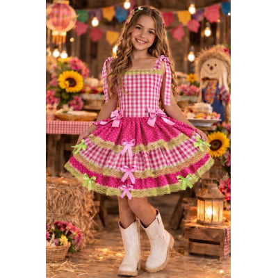 Vestido Infantil de Alça Junino Arraiá Festas Pink Xadrez