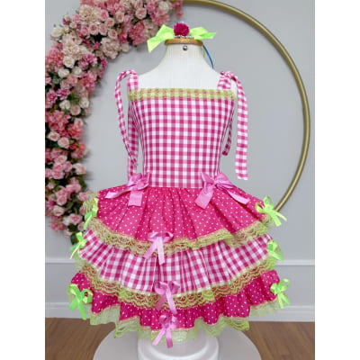 Vestido Infantil de Alça Junino Arraiá Festas Pink Xadrez