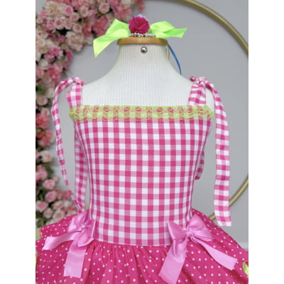 Vestido Infantil de Alça Junino Arraiá Festas Pink Xadrez