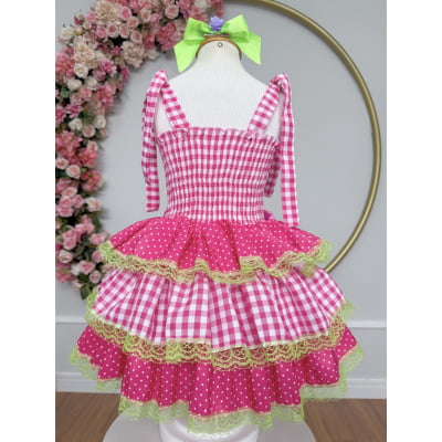 Vestido Infantil de Alça Junino Arraiá Festas Pink Xadrez