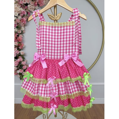 Vestido Infantil de Alça Junino Arraiá Festas Pink Xadrez