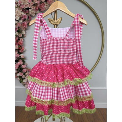 Vestido Infantil de Alça Junino Arraiá Festas Pink Xadrez