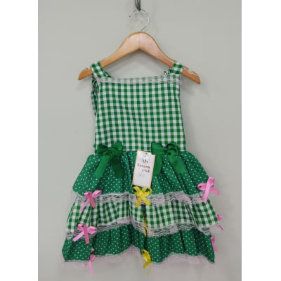 Vestido Infantil de Alça Junino Arraiá Festas Verde Xadrez
