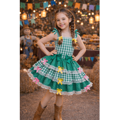 Vestido Infantil de Alça Junino Arraiá Festas Verde Xadrez