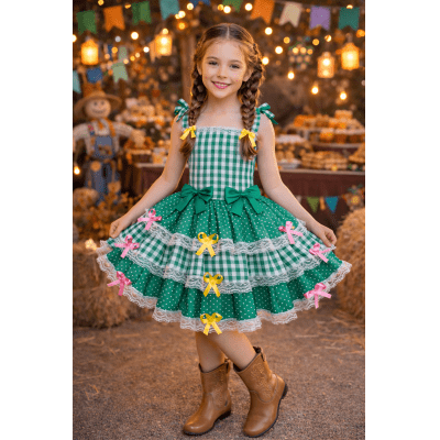Vestido Infantil de Alça Junino Arraiá Festas Verde Xadrez