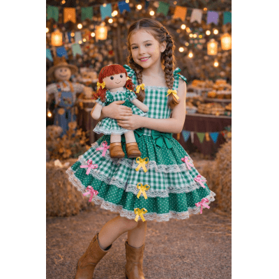 Vestido Infantil de Alça Junino Arraiá Festas Verde Xadrez