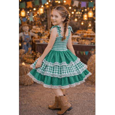 Vestido Infantil de Alça Junino Arraiá Festas Verde Xadrez
