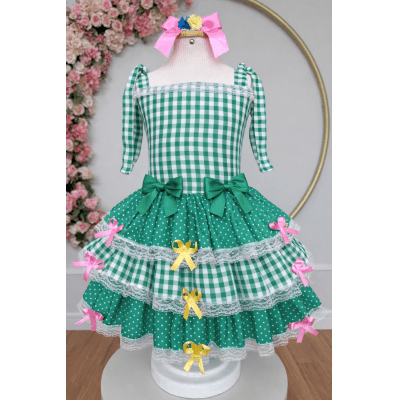 Vestido Infantil de Alça Junino Arraiá Festas Verde Xadrez
