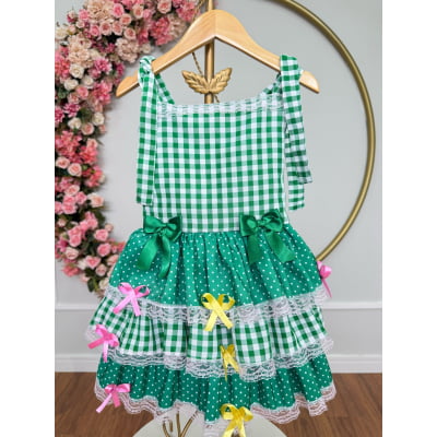 Vestido Infantil de Alça Junino Arraiá Festas Verde Xadrez