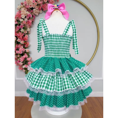 Vestido Infantil de Alça Junino Arraiá Festas Verde Xadrez