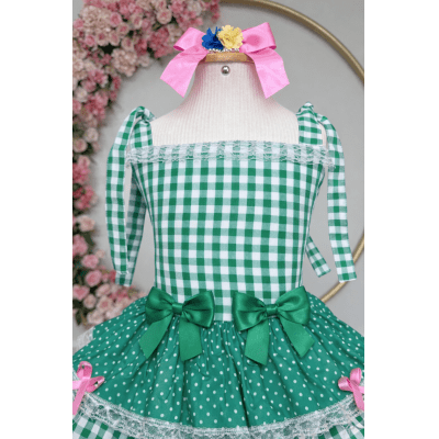 Vestido Infantil de Alça Junino Arraiá Festas Verde Xadrez