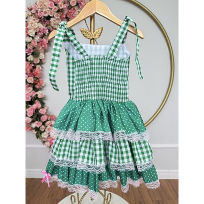 Vestido Infantil de Alça Junino Arraiá Festas Verde Xadrez