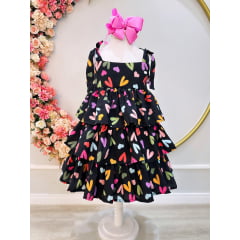 Vestido Infantil de Alça Primavera Verão Preto Corações