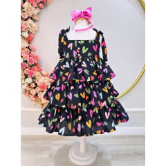 Vestido Infantil de Alça Primavera Verão Preto Corações