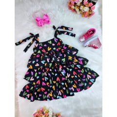 Vestido Infantil de Alça Primavera Verão Preto Corações