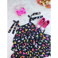 Vestido Infantil de Alça Primavera Verão Preto Corações