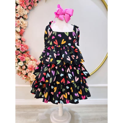 Vestido Infantil de Alça Primavera Verão Preto Corações Casual Vestido Infantil de Alça Primavera Verão Preto Corações Casual
