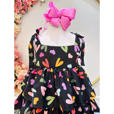 Vestido Infantil de Alça Primavera Verão Preto Corações Casual