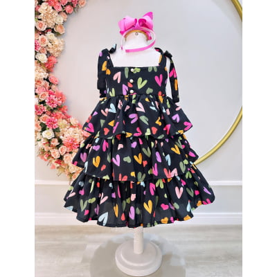 Vestido Infantil de Alça Primavera Verão Preto Corações Casual