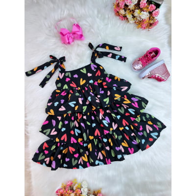 Vestido Infantil de Alça Primavera Verão Preto Corações Casual