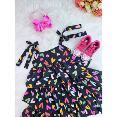Vestido Infantil de Alça Primavera Verão Preto Corações Casual