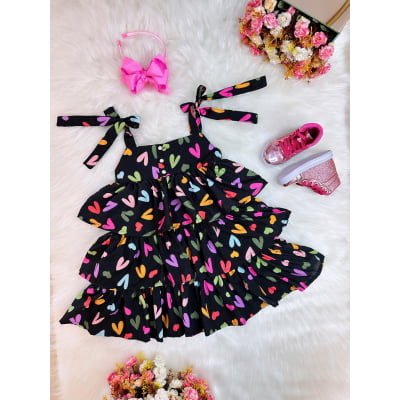 Vestido Infantil de Alça Primavera Verão Preto Corações Casual