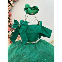 Vestido Infantil de Alça Verde Saia C/ Glitter e Broche Festas