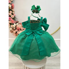 Vestido Infantil de Alça Verde Saia C/ Glitter e Broche Festas