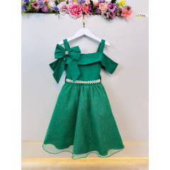 Vestido Infantil de Alça Verde Saia C/ Glitter e Broche Festas