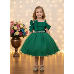 Vestido Infantil de Alça Verde Saia C/ Glitter e Broche Festas