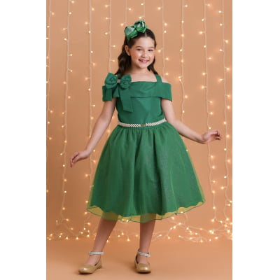 Vestido Infantil de Alça Verde Saia C/ Glitter e Broche Festas