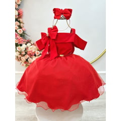 Vestido Infantil de Alça Vermelho Saia Glitter e Broche Festas