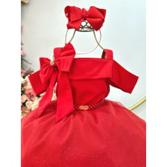 Vestido Infantil de Alça Vermelho Saia Glitter e Broche Festas