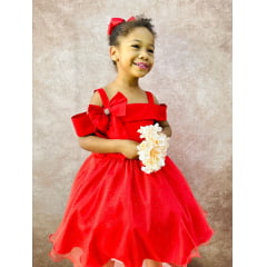 Vestido Infantil de Alça Vermelho Saia Glitter e Broche Festas