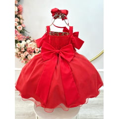 Vestido Infantil de Alça Vermelho Saia Glitter e Broche Festas