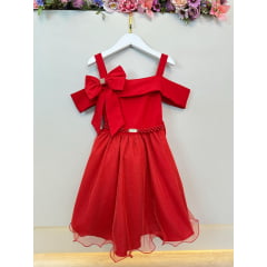 Vestido Infantil de Alça Vermelho Saia Glitter e Broche Festas