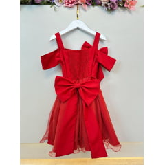Vestido Infantil de Alça Vermelho Saia Glitter e Broche Festas