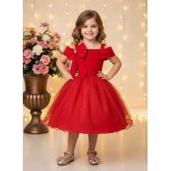 Vestido Infantil de Alça Vermelho Saia Glitter e Broche Festas