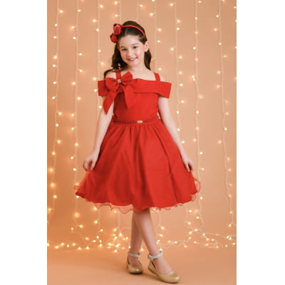 Vestido Infantil de Alça Vermelho Saia Glitter e Broche Festas