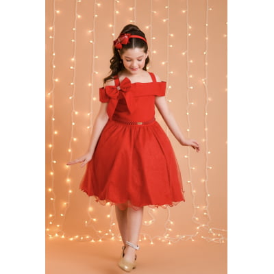 Vestido Infantil de Alça Vermelho Saia Glitter e Broche Festas