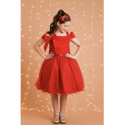 Vestido Infantil de Alça Vermelho Saia Glitter e Broche Festas