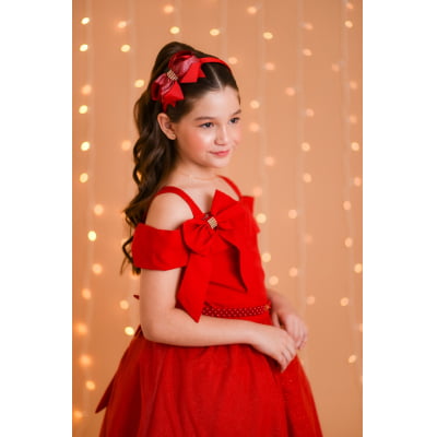 Vestido Infantil de Alça Vermelho Saia Glitter e Broche Festas