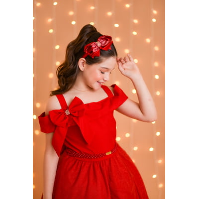 Vestido Infantil de Alça Vermelho Saia Glitter e Broche Festas