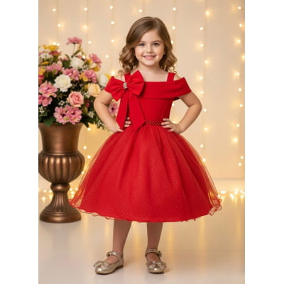 Vestido Infantil de Alça Vermelho Saia Glitter e Broche Festas