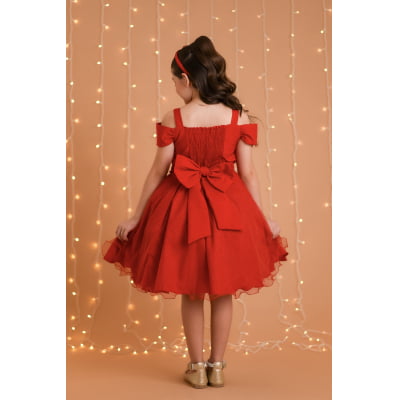 Vestido Infantil de Alça Vermelho Saia Glitter e Broche Festas